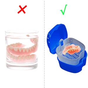 OBTANIM 2 Pack Denture Bath Cup Case Box Holder Storage Soak Container with Strainer Basket for RetainersTravel False Teeth Cleaning (White, Blue)