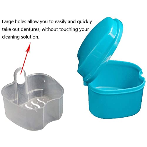 OBTANIM 2 Pack Denture Bath Cup Case Box Holder Storage Soak Container with Strainer Basket for RetainersTravel False Teeth Cleaning (White, Blue)