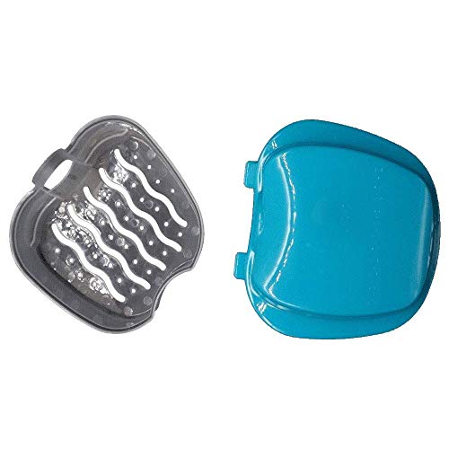 OBTANIM 2 Pack Denture Bath Cup Case Box Holder Storage Soak Container with Strainer Basket for RetainersTravel False Teeth Cleaning (White, Blue)