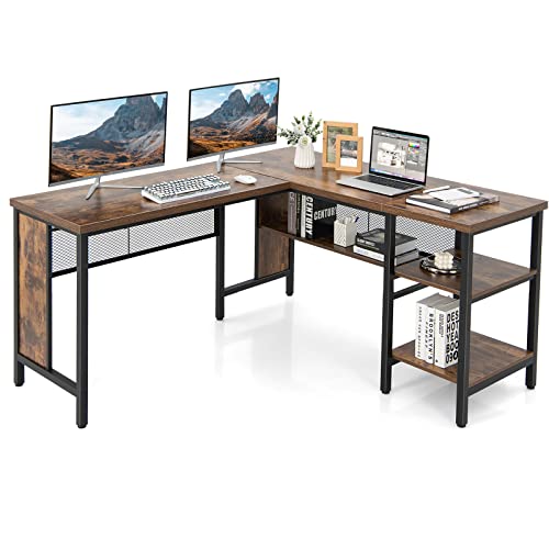 Tangkula L-shaped Office Desk, 59 Inch Large Corner Desk, Full-length Open Shelf & 2-Tier Side Shelves, Home Office Desk, Writing Desk Computer Workstation for Working, Studying, Gaming (Rustic Brown)