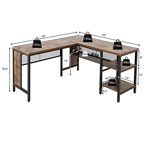 Tangkula L-shaped Office Desk, 59 Inch Large Corner Desk, Full-length Open Shelf & 2-Tier Side Shelves, Home Office Desk, Writing Desk Computer Workstation for Working, Studying, Gaming (Rustic Brown)