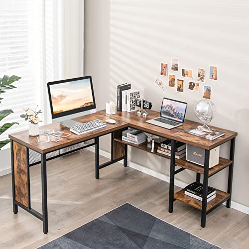 Tangkula L-shaped Office Desk, 59 Inch Large Corner Desk, Full-length Open Shelf & 2-Tier Side Shelves, Home Office Desk, Writing Desk Computer Workstation for Working, Studying, Gaming (Rustic Brown)