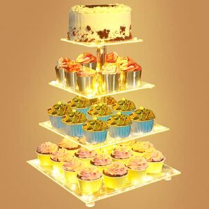utopia home - square acrylic cupcake stand with yellow led light strings - 4 tier premium cupcake tower - cup cake tier stand for dessert table - ideal for weddings birthday parties