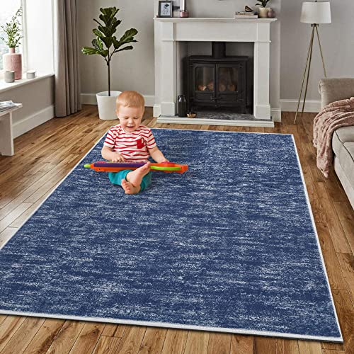 RUGSREAL Solid Machine Washable Area Rug Soft Low-Pile Modern Contemporary Area Rug Non-Slip Throw Indoor Carpet for Living Room Bedroom Kids Room, 4' x 6' Blue