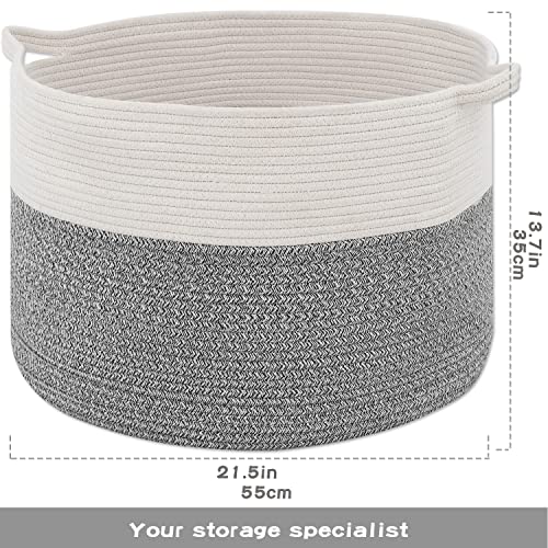 TONGXIN Large Laundry Basket Woven Cotton Rope Laundry Hamper 21.7"x13.8" Woven Baby Laundry Blanket Basket Toy Basket with Handle Storage Comforter Cushions Thread Laundry Hamper grey