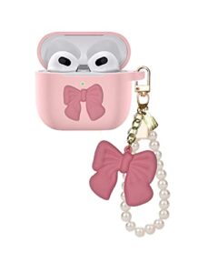 case for airpods 3 case cover with bow pearl wrist keychain, cute bowknot protective silicone skin for women girl teens with apple 2021 latest airpod 3rd generation charging case (pink)