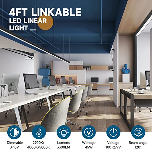 Barrina LED Linear Light, 0-10V Dimmable Hanging Light Fixtures, 2700K 4000K 5000K Color Changing, 4FT Linkable Shop Office Light, Seamless Connection, ETL Listed, 4 Pack Black, 5568-0-10V Series