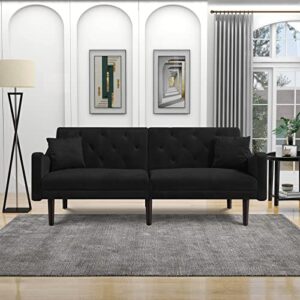 emkk futon sofa sleeper velvet with 2 pillows,adjustable backrest loveseat,upholstered 2-seater couch convertible sofá bed for living room, small space, apartment, dorm, office, black 72.8”