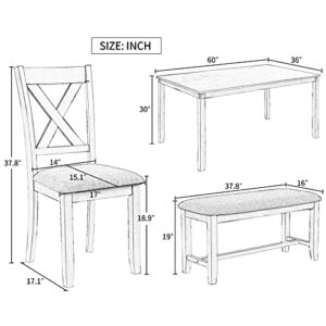 P PURLOVE 6 Piece Dining Table Set, Wood Rectangular Kitchen Table and 4 Cushion Dining Chairs and 1 Cushion Bench, Family Furniture for 6 Persons, Natural Cherry