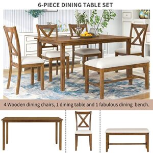 P PURLOVE 6 Piece Dining Table Set, Wood Rectangular Kitchen Table and 4 Cushion Dining Chairs and 1 Cushion Bench, Family Furniture for 6 Persons, Natural Cherry