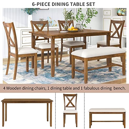 P PURLOVE 6 Piece Dining Table Set, Wood Rectangular Kitchen Table and 4 Cushion Dining Chairs and 1 Cushion Bench, Family Furniture for 6 Persons, Natural Cherry