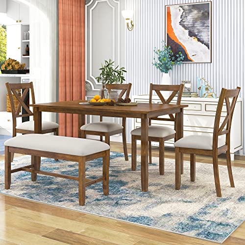 P PURLOVE 6 Piece Dining Table Set, Wood Rectangular Kitchen Table and 4 Cushion Dining Chairs and 1 Cushion Bench, Family Furniture for 6 Persons, Natural Cherry