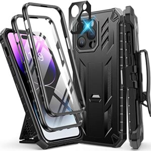 FNTCASE for iPhone 14 Pro Max Case: Military Grade Rugged Cell Phone Cover with Kickstand & Holster | Shockproof TPU Protection Bumper Matte Textured Design for iPhone 14 Pro Max Cases 6.7inch - Black