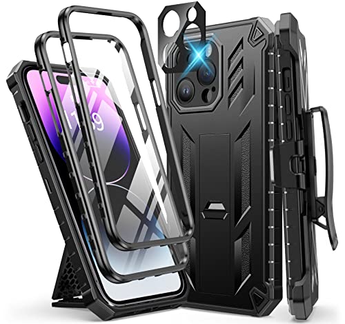 FNTCASE for iPhone 14 Pro Max Case: Military Grade Rugged Cell Phone Cover with Kickstand & Holster | Shockproof TPU Protection Bumper Matte Textured Design for iPhone 14 Pro Max Cases 6.7inch - Black