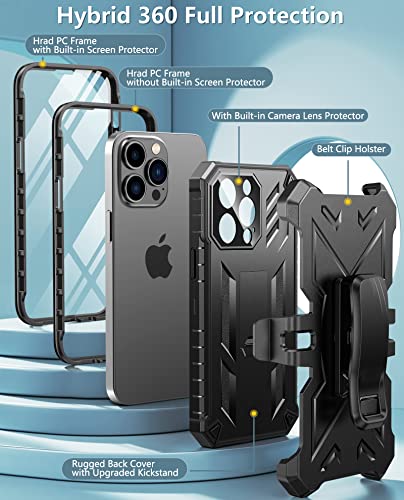 FNTCASE for iPhone 14 Pro Max Case: Military Grade Rugged Cell Phone Cover with Kickstand & Holster | Shockproof TPU Protection Bumper Matte Textured Design for iPhone 14 Pro Max Cases 6.7inch - Black