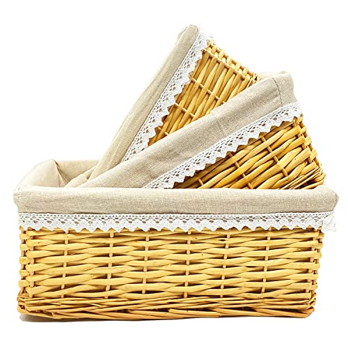 Handmade Wicker Storage Baskets Set, Shelf Baskets Woven Decorative Storage Bins Baskets Organizing Baskets, Nesting Baskets with Linings for Home (Natural)