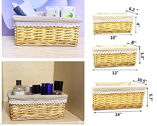 Handmade Wicker Storage Baskets Set, Shelf Baskets Woven Decorative Storage Bins Baskets Organizing Baskets, Nesting Baskets with Linings for Home (Natural)