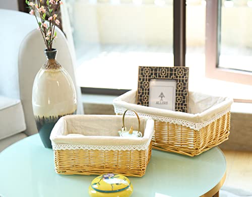 Handmade Wicker Storage Baskets Set, Shelf Baskets Woven Decorative Storage Bins Baskets Organizing Baskets, Nesting Baskets with Linings for Home (Natural)