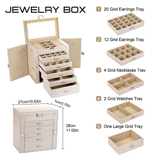 Large Jewelry Box Organizer Mirrored for Women 6 Layers Jewelery Orgainise Boxes with PU Leather,Tall White Black Jewellery Organize for Gift