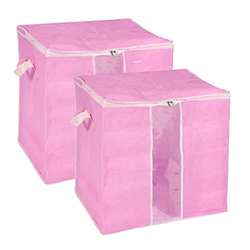 uxcell Clothes Storage Bag 2pcs Comforters Storage Bags Foldable Clothing Storage Containers with Reinforced Handle & Sturdy Zipper, Closet Organizer with Clear Window-Pink