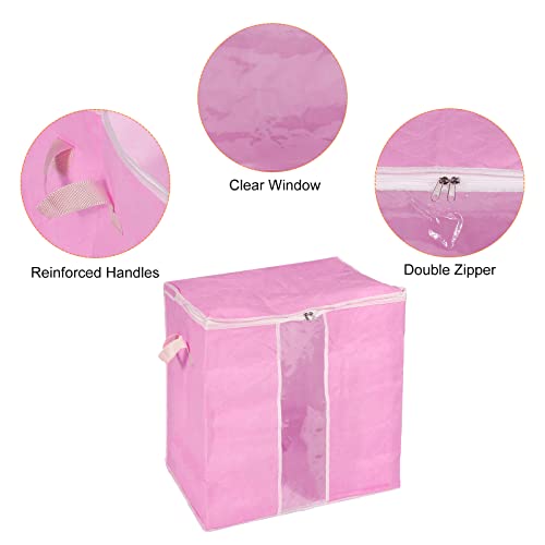 uxcell Clothes Storage Bag 2pcs Comforters Storage Bags Foldable Clothing Storage Containers with Reinforced Handle & Sturdy Zipper, Closet Organizer with Clear Window-Pink