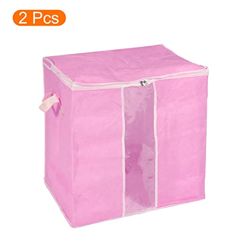 uxcell Clothes Storage Bag 2pcs Comforters Storage Bags Foldable Clothing Storage Containers with Reinforced Handle & Sturdy Zipper, Closet Organizer with Clear Window-Pink