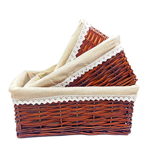 Handmade Wicker Storage Baskets Set, Shelf Baskets Woven Decorative Storage Bins Baskets Organizing Baskets, Nesting Baskets with Linings for Home (Brown)