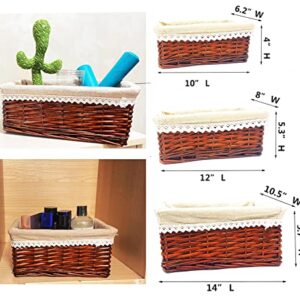 Handmade Wicker Storage Baskets Set, Shelf Baskets Woven Decorative Storage Bins Baskets Organizing Baskets, Nesting Baskets with Linings for Home (Brown)