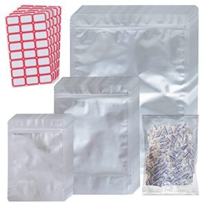 100pcs mylar bags for food storage with oxygen absorbers 300cc (100pcs) and labels, 5"x7" (30pcs) 1 quart mylar stand-up (50pcs) 1 gallon (20pcs) stand-up mylar stand-up, zipper pouches resealable and heat sealable for long term food storage