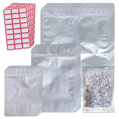 100pcs Mylar Bags for Food Storage with Oxygen Absorbers 300cc (100pcs) and Labels, 5"x7" (30pcs) 1 Quart Mylar Stand-Up (50pcs) 1 Gallon (20pcs) Stand-Up Mylar Stand-Up, Zipper Pouches Resealable and Heat Sealable for Long Term Food Storage