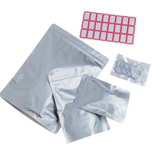 100pcs Mylar Bags for Food Storage with Oxygen Absorbers 300cc (100pcs) and Labels, 5"x7" (30pcs) 1 Quart Mylar Stand-Up (50pcs) 1 Gallon (20pcs) Stand-Up Mylar Stand-Up, Zipper Pouches Resealable and Heat Sealable for Long Term Food Storage