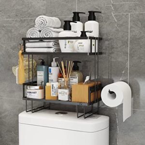 hazyjt over the toilet storage bathroom shelf, 2 tier organizer with paper holder, shelves hooks, above rack, no drilling wall mounting space saver black