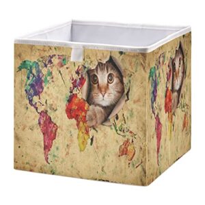 alaza cat kitten world map 11 inch cube storage bin organizer foldable basket for closet cabinet shelf office