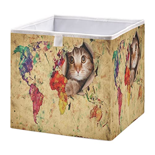 ALAZA Cat Kitten World Map 11 Inch Cube Storage Bin Organizer Foldable Basket for Closet Cabinet Shelf Office