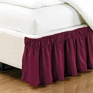 Queen/King Wrap Around Bed Skirts, 14 Inch Drop Ruffled Bed Skirt with Adjustable Elastic Belt, Easy Fit Wrinkle & Fade Resistant Silky Fabric, Wine