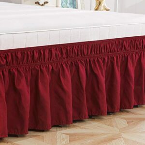 Queen/King Wrap Around Bed Skirts, 14 Inch Drop Ruffled Bed Skirt with Adjustable Elastic Belt, Easy Fit Wrinkle & Fade Resistant Silky Fabric, Wine