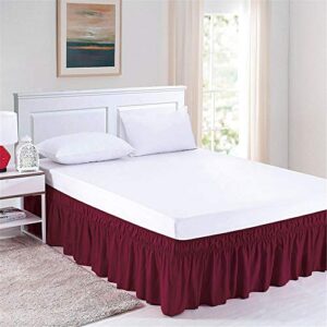 queen/king wrap around bed skirts, 14 inch drop ruffled bed skirt with adjustable elastic belt, easy fit wrinkle & fade resistant silky fabric, wine