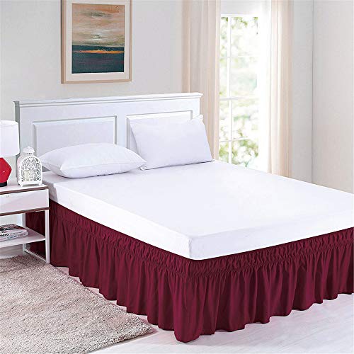 Queen/King Wrap Around Bed Skirts, 14 Inch Drop Ruffled Bed Skirt with Adjustable Elastic Belt, Easy Fit Wrinkle & Fade Resistant Silky Fabric, Wine