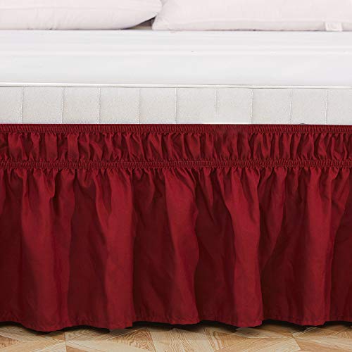 Queen/King Wrap Around Bed Skirts, 14 Inch Drop Ruffled Bed Skirt with Adjustable Elastic Belt, Easy Fit Wrinkle & Fade Resistant Silky Fabric, Wine