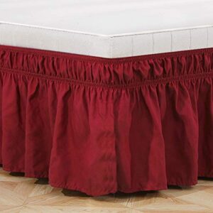 Queen/King Wrap Around Bed Skirts, 14 Inch Drop Ruffled Bed Skirt with Adjustable Elastic Belt, Easy Fit Wrinkle & Fade Resistant Silky Fabric, Wine