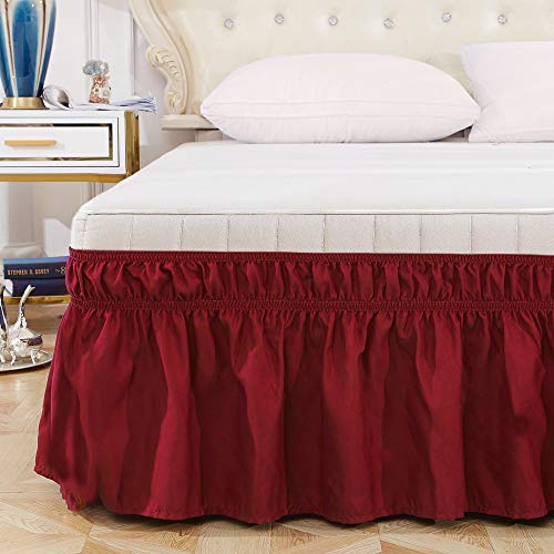 Queen/King Wrap Around Bed Skirts, 14 Inch Drop Ruffled Bed Skirt with Adjustable Elastic Belt, Easy Fit Wrinkle & Fade Resistant Silky Fabric, Wine