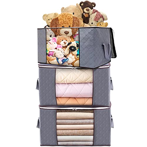 SlowlyTalk Clothes Storage Bag Organizer, Large Capacity Foldable Clothing Storage Bins with Clear Window, Sturdy Zipper and Reinforced Handle for Organizing Comforters, Blankets Closet Bedding Pillows, 90L, Grey (3 Pack)