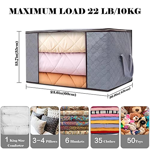 SlowlyTalk Clothes Storage Bag Organizer, Large Capacity Foldable Clothing Storage Bins with Clear Window, Sturdy Zipper and Reinforced Handle for Organizing Comforters, Blankets Closet Bedding Pillows, 90L, Grey (3 Pack)