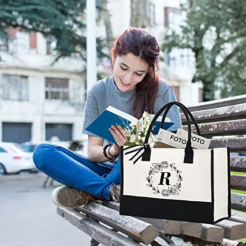 SUNELGIRL Personalized Initial Canvas Bag, Monogrammed Gift Tote Bag for Women, Mom, Teachers, Friends, Bridesmaids (R)