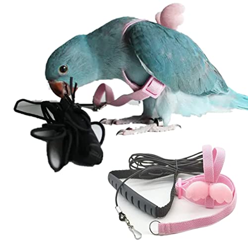 Pet Parrot Bird Harness Leash Adjustable Bird Flying Harness Traction Rope with Cute for Parrots Budgerigar Lovebird Cockatiel Mynah Outdoor Training Toy (Quaker/Sun Conure,Pink)