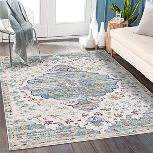 pajata light blue and white vintage 5x7 area rug bohemian floral cover print distressed carpet for bedroom living room non-shedding