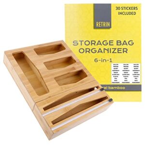 ziplock bag organizer and foil wrap dispenser - 6-in-1 kitchen drawer organizer with sticker labels – foil and baggie organizer for 12in rolls, gallon, quart, snack and sandwich bags