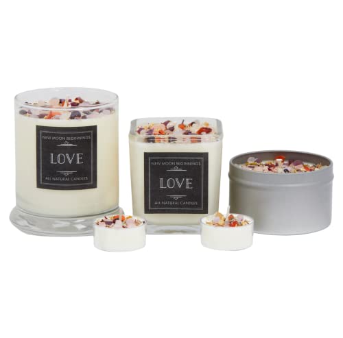 Love Candle by New Moon Beginnings - Dried Flower, Herb, & Crystal Candles - Love Intention Candle - All Natural Soy Candle, Pink, Set of 6 Tealights