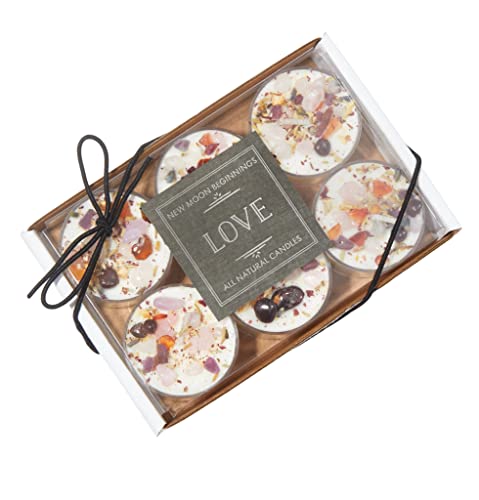 Love Candle by New Moon Beginnings - Dried Flower, Herb, & Crystal Candles - Love Intention Candle - All Natural Soy Candle, Pink, Set of 6 Tealights