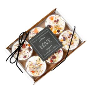 love candle by new moon beginnings - dried flower, herb, & crystal candles - love intention candle - all natural soy candle, pink, set of 6 tealights